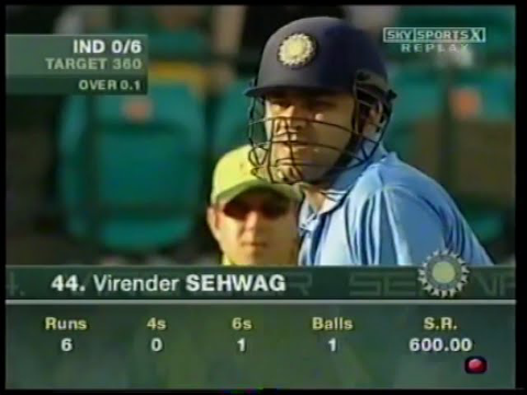 Virender Sehwag hits first ball of the match for a six.